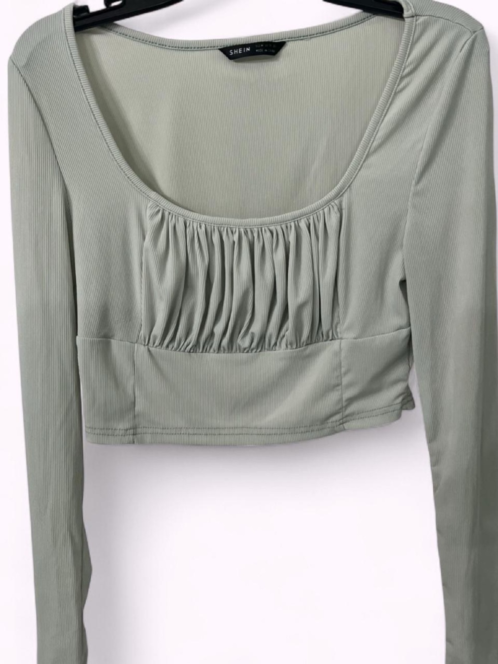 SHEIN Sage Green Long-Sleeve Ruched Crop Top, Medium